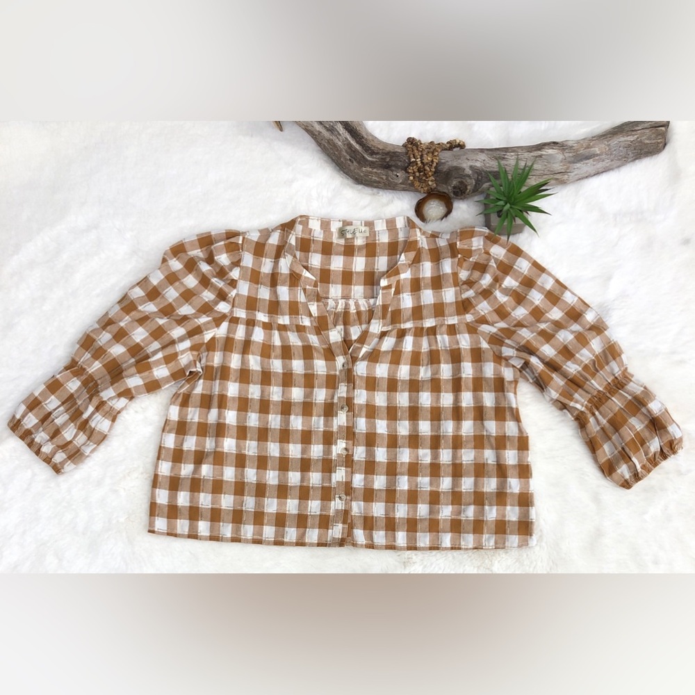 STYLE U Brown & Cream Gingham Button Down Blouse Top Size Large
